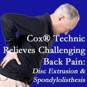 Nashua chiropractic care with Cox Technic alleviates back pain due to a painful combination of a disc extrusion and a spondylolytic spondylolisthesis.